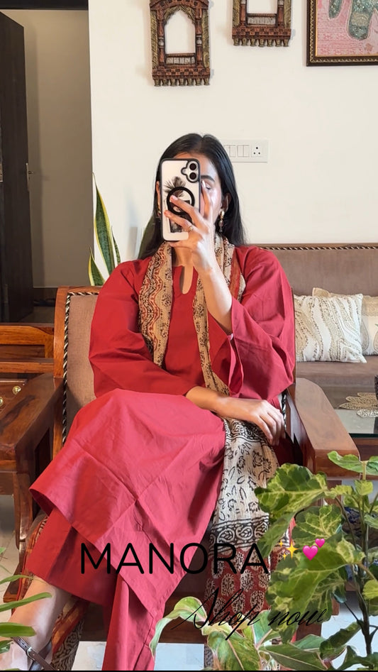 Hand block print cotton suit with kota doria dupatta for summer