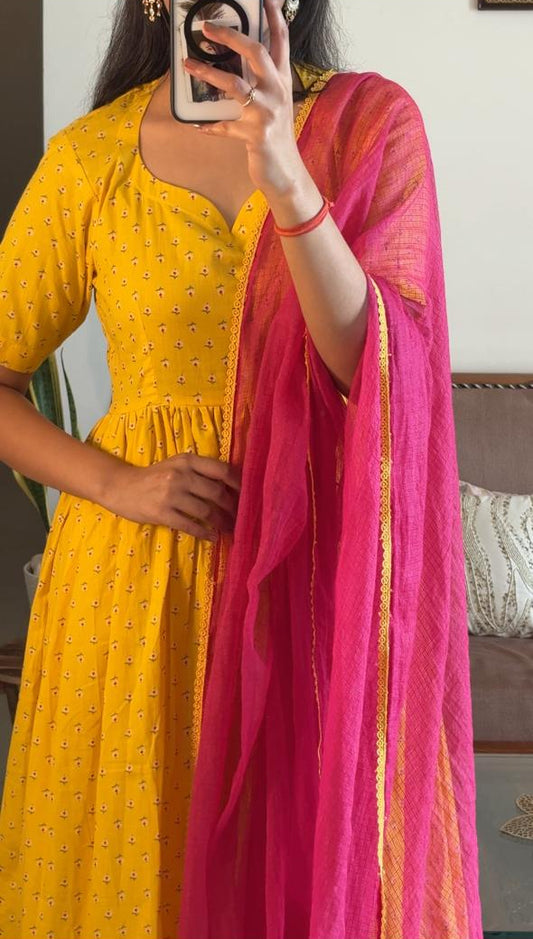 Anarkali Cotton Printed Suit with Kota doria Dupatta – Elegant Ethnic Wear