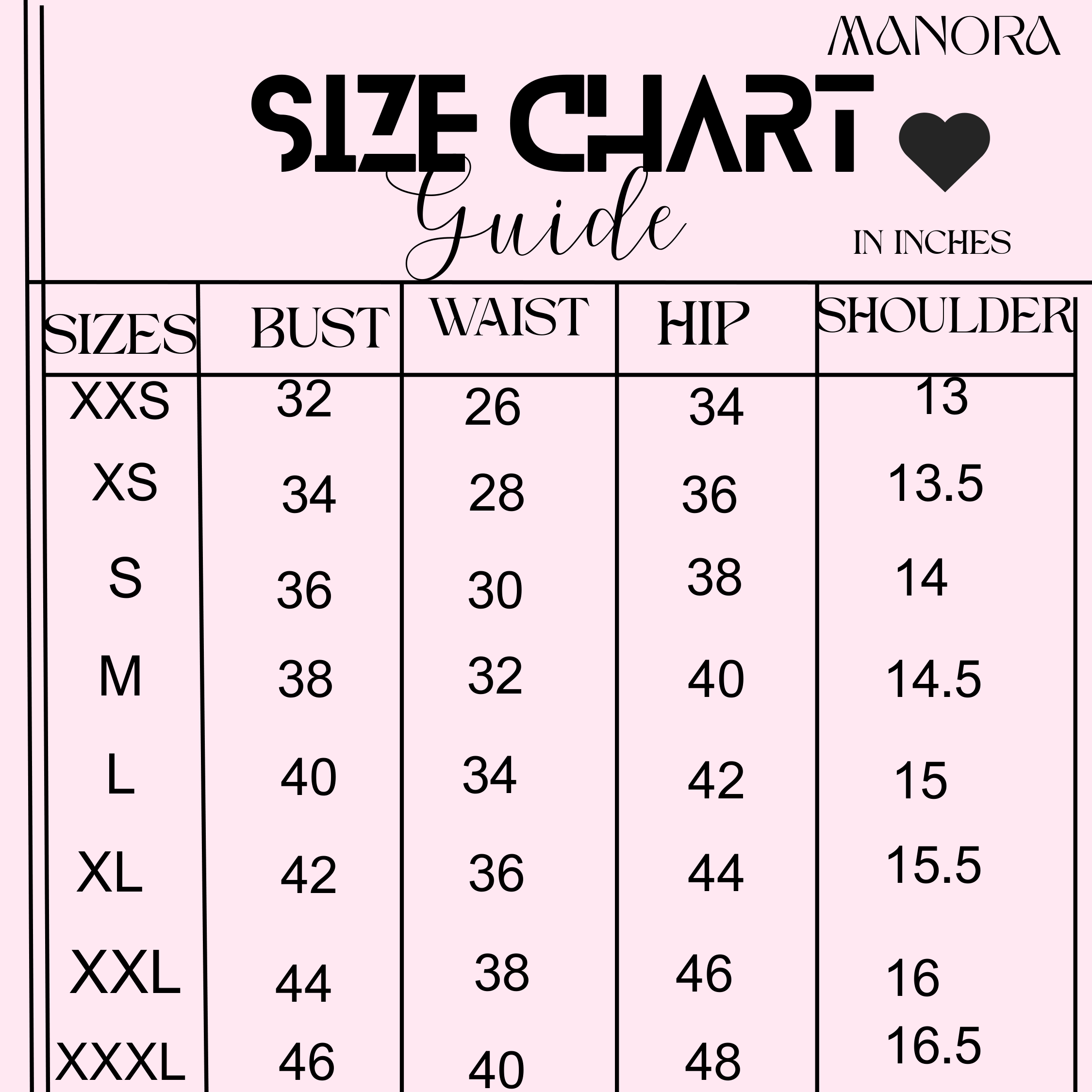 Size Chart for SUIT & KURTA SETS